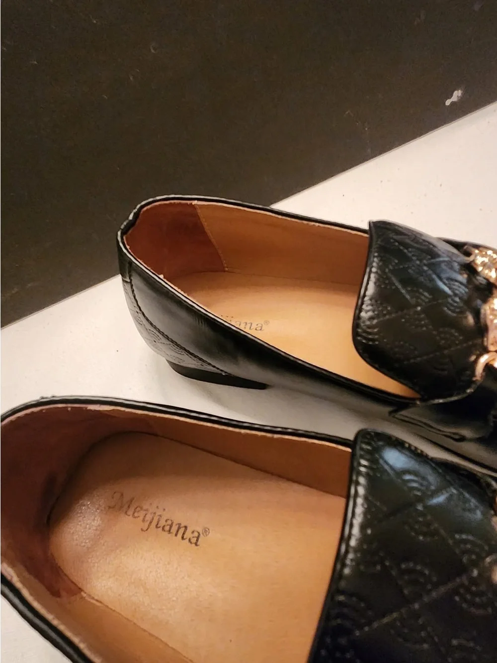 Meijiana Men's Black Quilted Slip-On Loafers with Gold Chain Accent